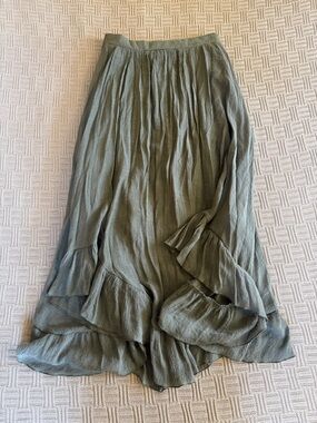Mia Joy Asymmetric Ruffle Hem Maxi Skirt in Olive Green